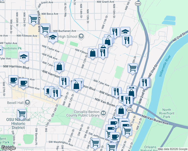 map of restaurants, bars, coffee shops, grocery stores, and more near 527 Northwest 10th Street in Corvallis