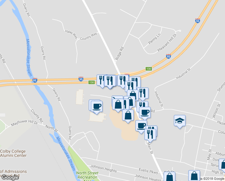 map of restaurants, bars, coffee shops, grocery stores, and more near 2 Waterville Commons Drive in Waterville
