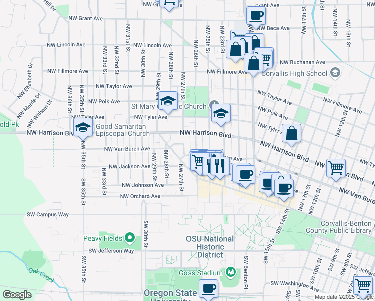 map of restaurants, bars, coffee shops, grocery stores, and more near 326 Northwest 26th Street in Corvallis