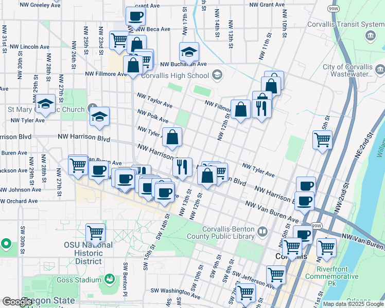 map of restaurants, bars, coffee shops, grocery stores, and more near 431 Northwest 14th Street in Corvallis