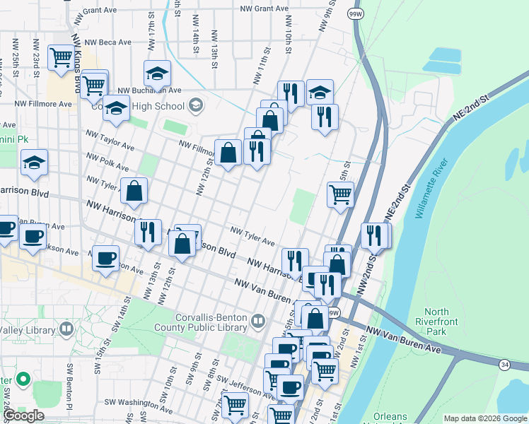 map of restaurants, bars, coffee shops, grocery stores, and more near 850 Northwest Polk Avenue in Corvallis