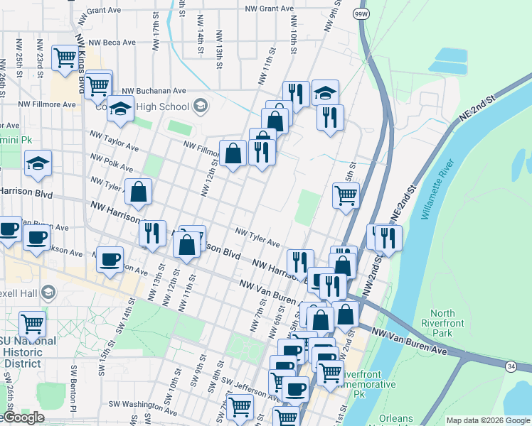 map of restaurants, bars, coffee shops, grocery stores, and more near 850 Northwest Polk Avenue in Corvallis