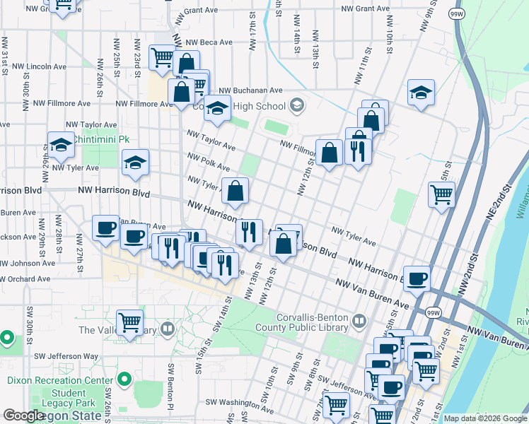map of restaurants, bars, coffee shops, grocery stores, and more near 443 Northwest 14th Street in Corvallis
