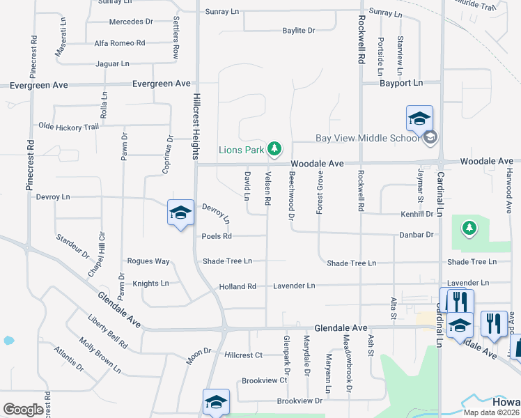 map of restaurants, bars, coffee shops, grocery stores, and more near 1116 David Lane in Green Bay