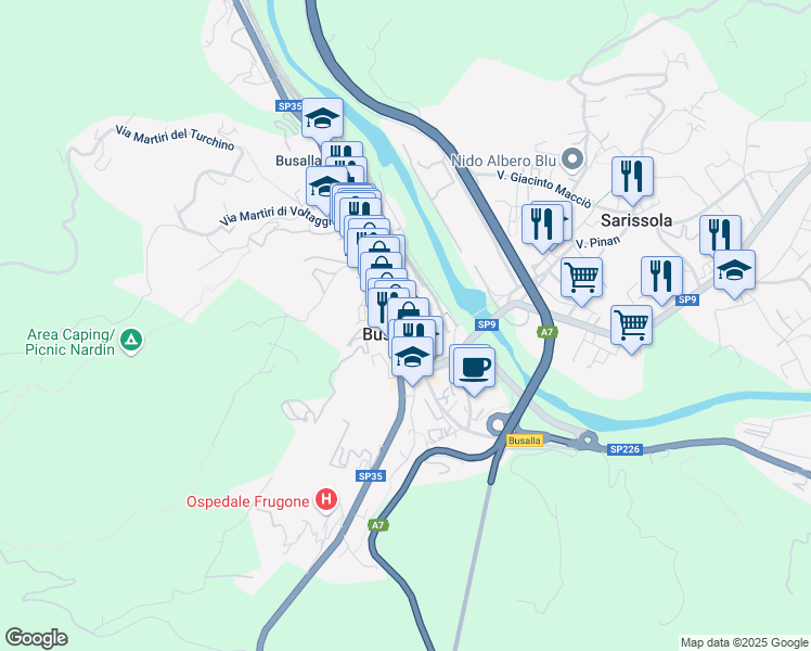 map of restaurants, bars, coffee shops, grocery stores, and more near in Busalla