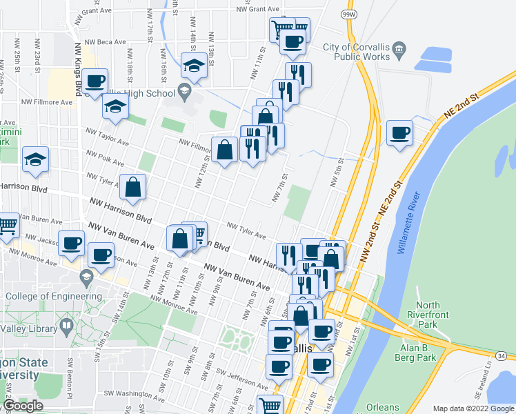 map of restaurants, bars, coffee shops, grocery stores, and more near 850 Northwest Polk Avenue in Corvallis