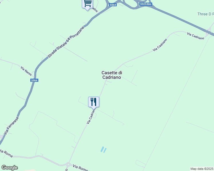 map of restaurants, bars, coffee shops, grocery stores, and more near 80 Via Cadriano in Casette di Cadriano