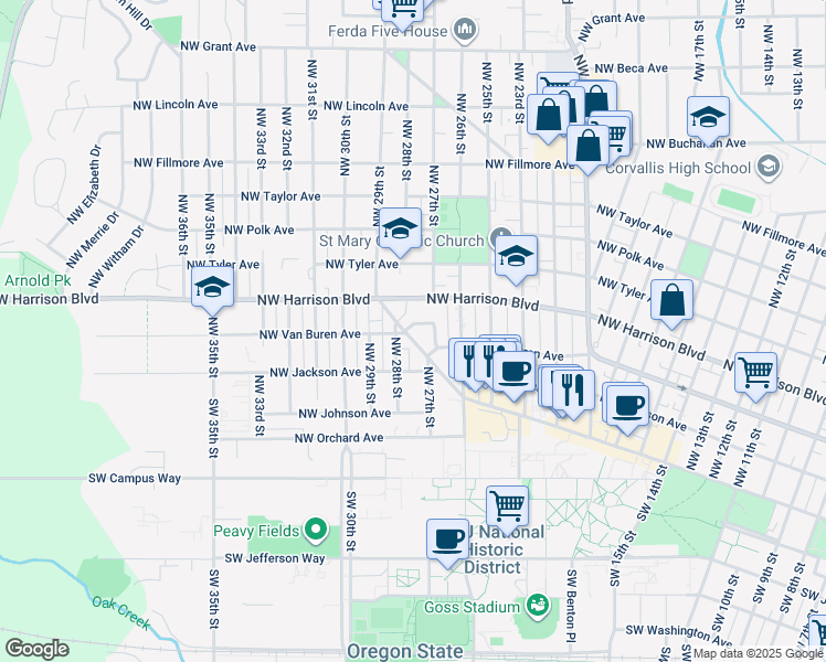 map of restaurants, bars, coffee shops, grocery stores, and more near 2745 Northwest Arnold Way in Corvallis