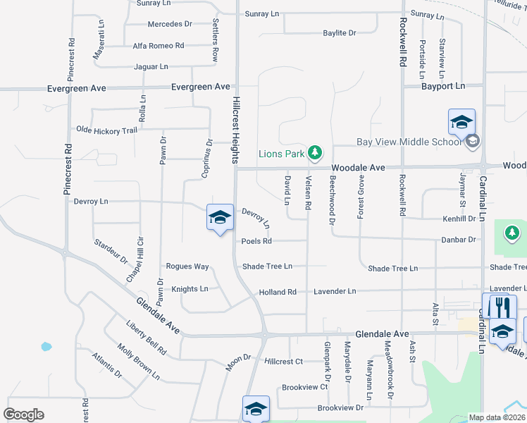 map of restaurants, bars, coffee shops, grocery stores, and more near 2950 Devroy Ln in Green Bay