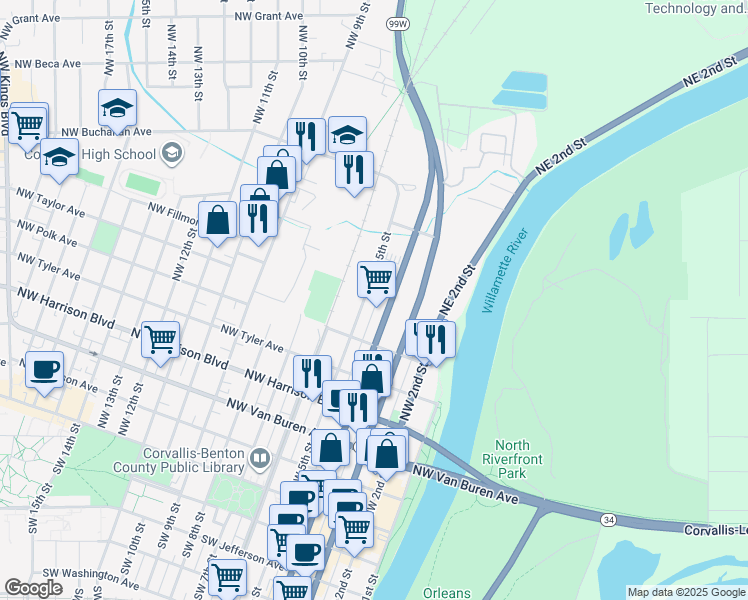 map of restaurants, bars, coffee shops, grocery stores, and more near 725 NW 5th St in Corvallis