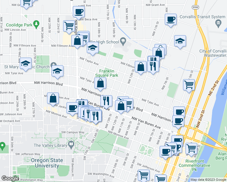 map of restaurants, bars, coffee shops, grocery stores, and more near 443 Northwest 14th Street in Corvallis