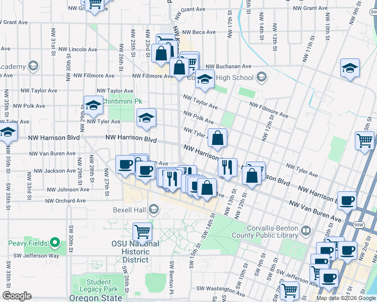 map of restaurants, bars, coffee shops, grocery stores, and more near 1762 Northwest Harrison Boulevard in Corvallis