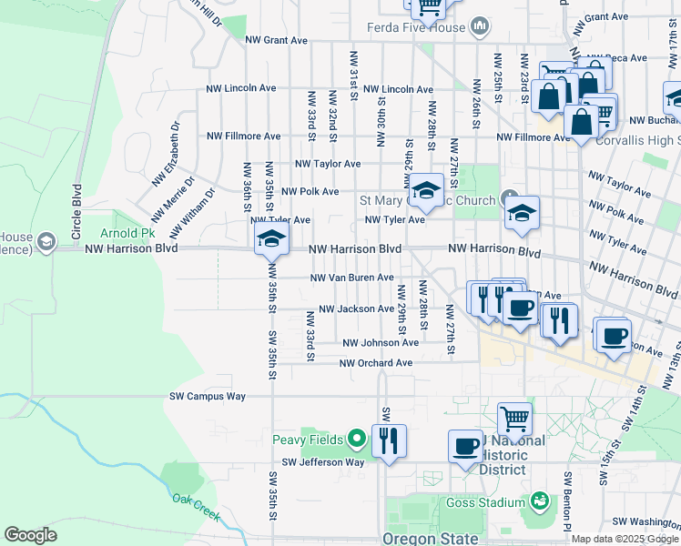 map of restaurants, bars, coffee shops, grocery stores, and more near 303 Northwest 32nd Street in Corvallis