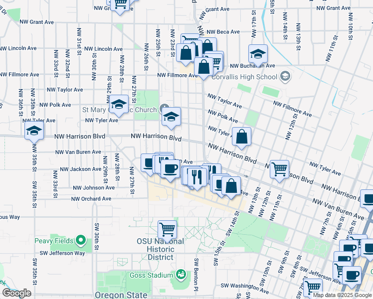 map of restaurants, bars, coffee shops, grocery stores, and more near 342 Northwest 21st Street in Corvallis
