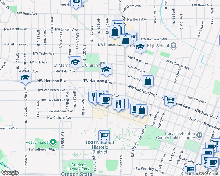 map of restaurants, bars, coffee shops, grocery stores, and more near 337 Northwest 23rd Street in Corvallis