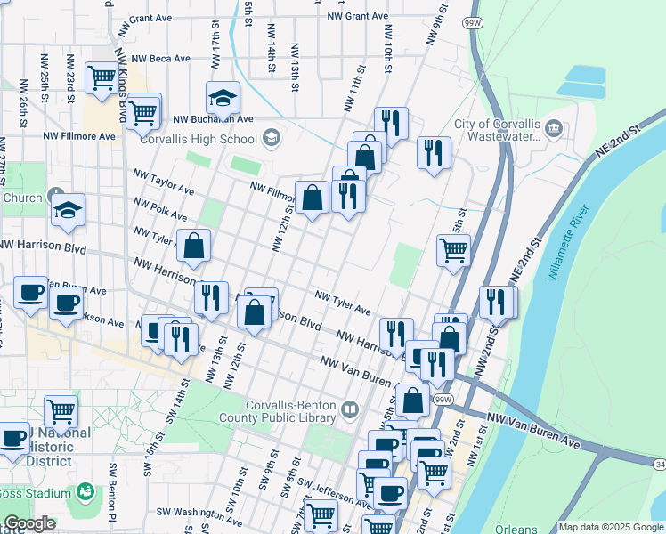 map of restaurants, bars, coffee shops, grocery stores, and more near 969 Northwest Polk Avenue in Corvallis