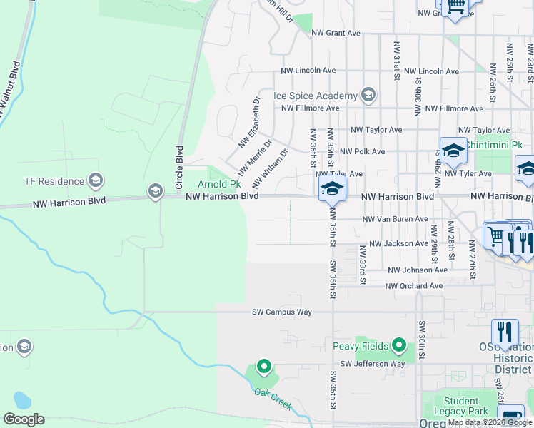 map of restaurants, bars, coffee shops, grocery stores, and more near 3755 Northwest Van Buren Avenue in Corvallis