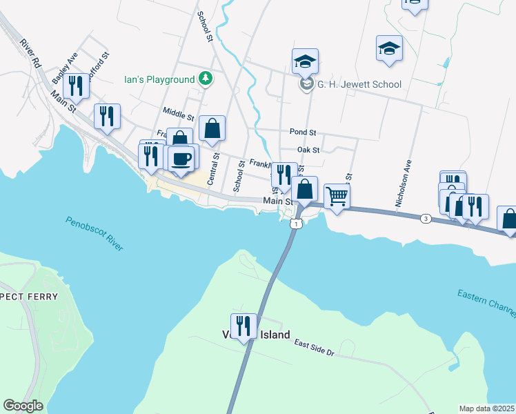 map of restaurants, bars, coffee shops, grocery stores, and more near 26 Main Street in Bucksport