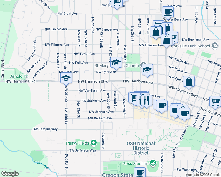 map of restaurants, bars, coffee shops, grocery stores, and more near 2857 Northwest Van Buren Avenue in Corvallis