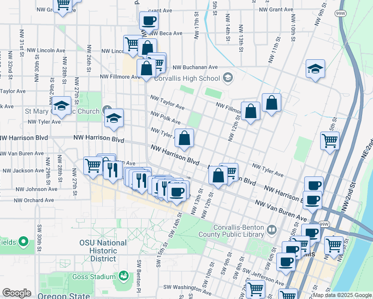 map of restaurants, bars, coffee shops, grocery stores, and more near 426 Northwest 15th Street in Corvallis