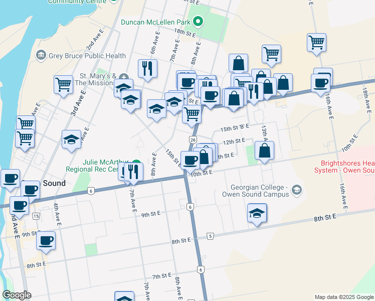 map of restaurants, bars, coffee shops, grocery stores, and more near 1520 Ontario 26 in Owen Sound