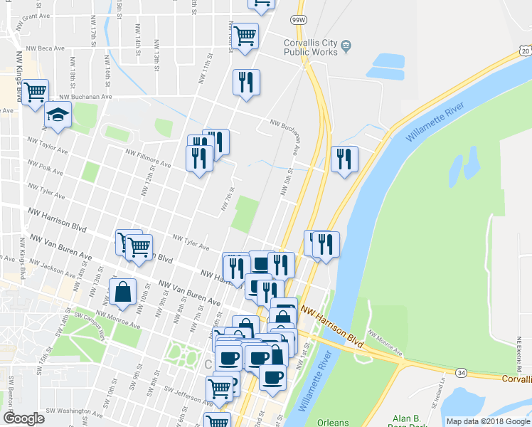map of restaurants, bars, coffee shops, grocery stores, and more near 700 Northwest 5th Street in Corvallis