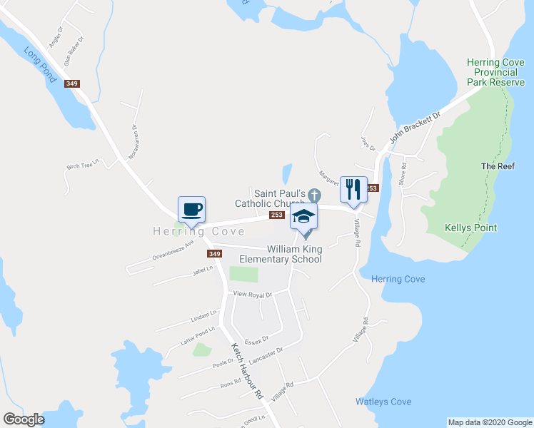 map of restaurants, bars, coffee shops, grocery stores, and more near 86 Nova Scotia 253 in Herring Cove