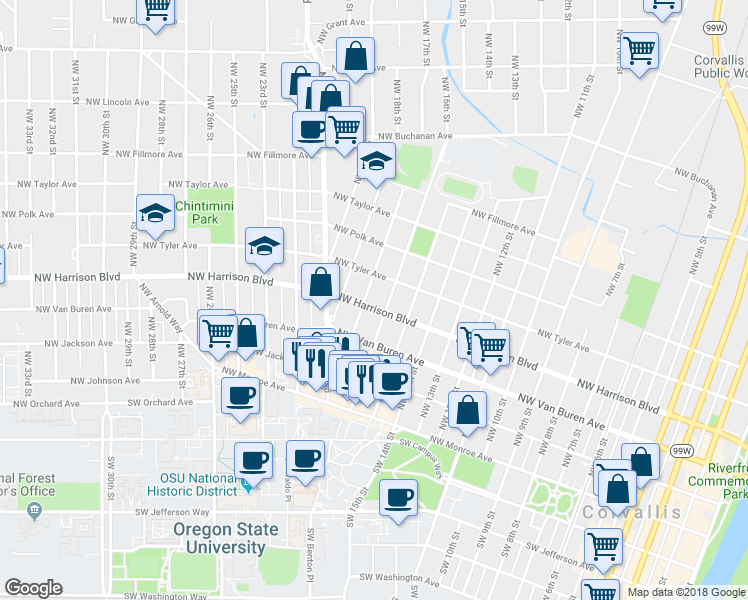 map of restaurants, bars, coffee shops, grocery stores, and more near 1661 Northwest Harrison Boulevard in Corvallis