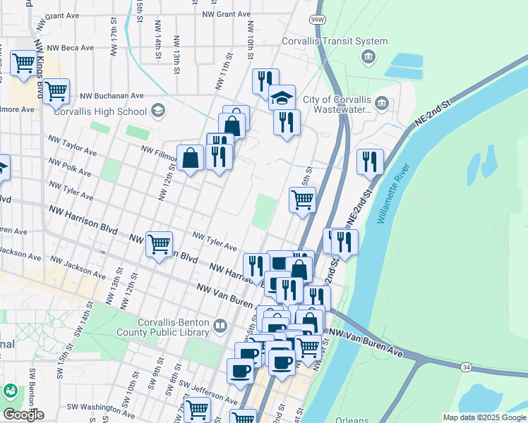 map of restaurants, bars, coffee shops, grocery stores, and more near 600 Northwest 7th Street in Corvallis