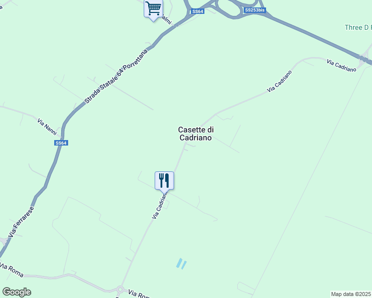 map of restaurants, bars, coffee shops, grocery stores, and more near 80 Via Cadriano in Casette di Cadriano