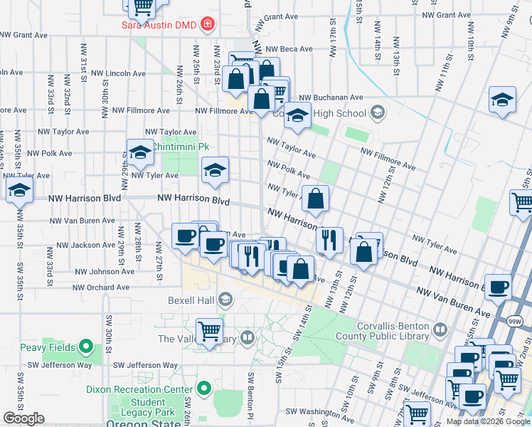map of restaurants, bars, coffee shops, grocery stores, and more near 355 Northwest Kings Boulevard in Corvallis