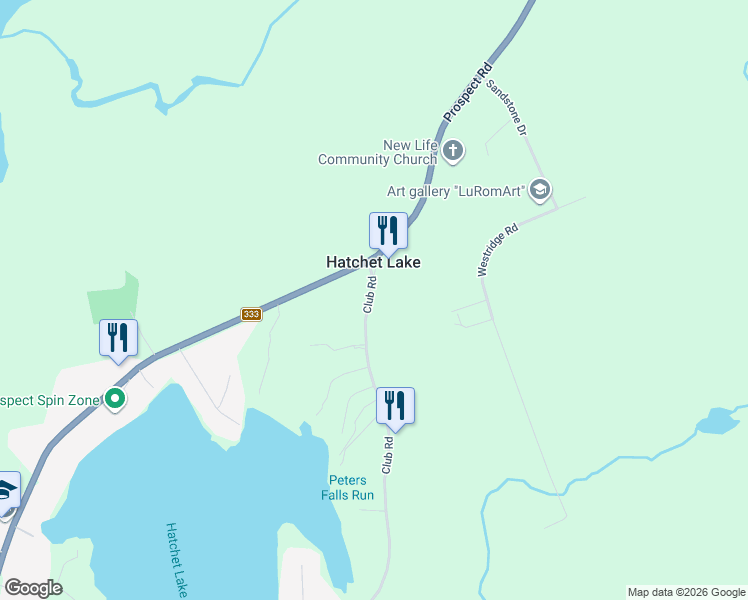 map of restaurants, bars, coffee shops, grocery stores, and more near 24 Club Road in Hatchet Lake