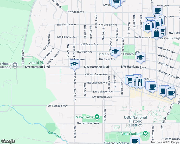 map of restaurants, bars, coffee shops, grocery stores, and more near 303 Northwest 32nd Street in Corvallis