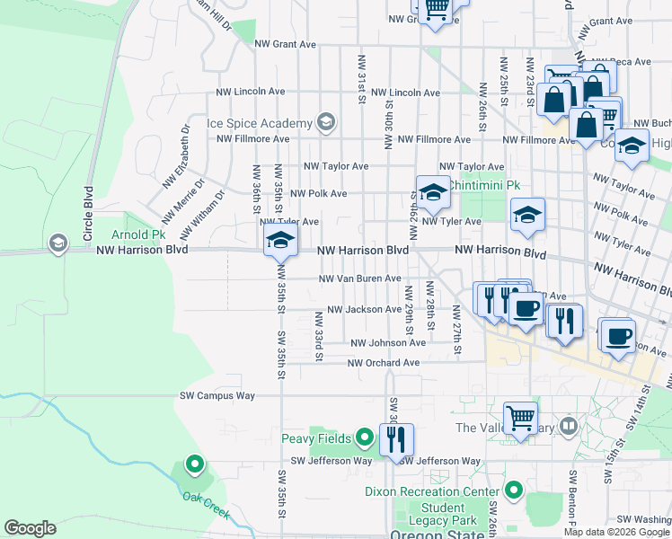 map of restaurants, bars, coffee shops, grocery stores, and more near 303 Northwest 32nd Street in Corvallis