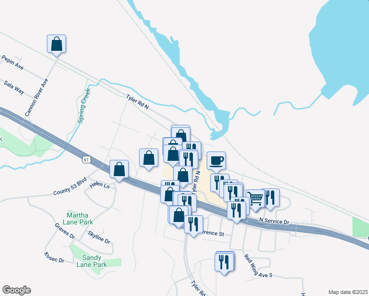 map of restaurants, bars, coffee shops, grocery stores, and more near 160 Tyler Road North in Red Wing