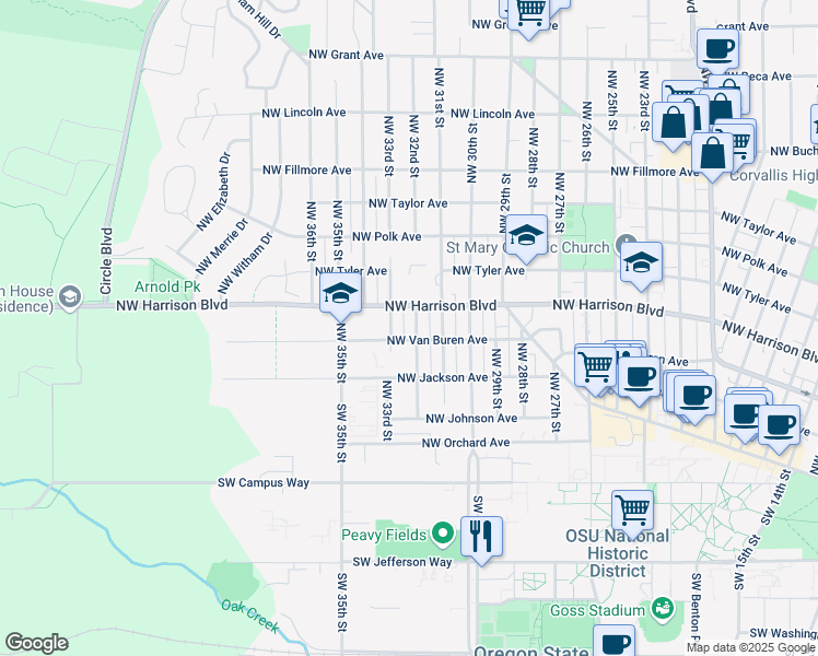 map of restaurants, bars, coffee shops, grocery stores, and more near 303 Northwest 32nd Street in Corvallis