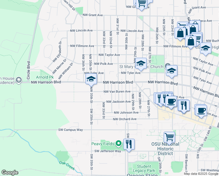 map of restaurants, bars, coffee shops, grocery stores, and more near 316 Northwest 32nd Street in Corvallis