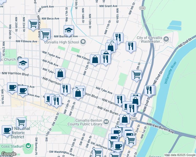 map of restaurants, bars, coffee shops, grocery stores, and more near 969 Northwest Polk Avenue in Corvallis