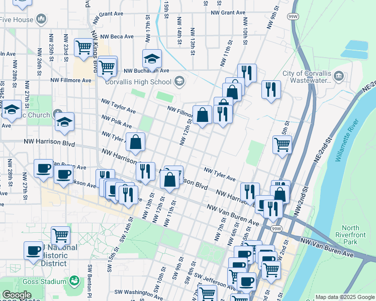 map of restaurants, bars, coffee shops, grocery stores, and more near 525 Northwest 11th Street in Corvallis