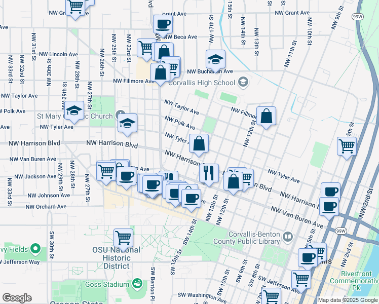 map of restaurants, bars, coffee shops, grocery stores, and more near 1661 Northwest Harrison Boulevard in Corvallis