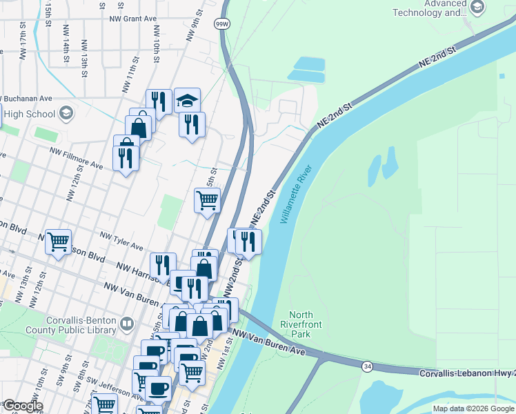 map of restaurants, bars, coffee shops, grocery stores, and more near 740 Northeast 2nd Street in Corvallis