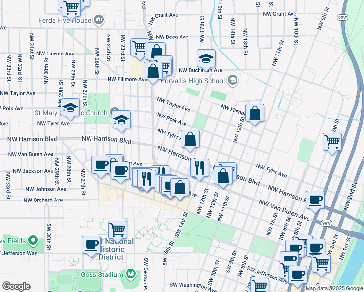 map of restaurants, bars, coffee shops, grocery stores, and more near 1661 Northwest Harrison Boulevard in Corvallis