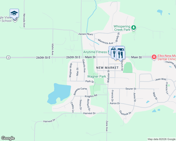 map of restaurants, bars, coffee shops, grocery stores, and more near 120 Park Street in Elko New Market