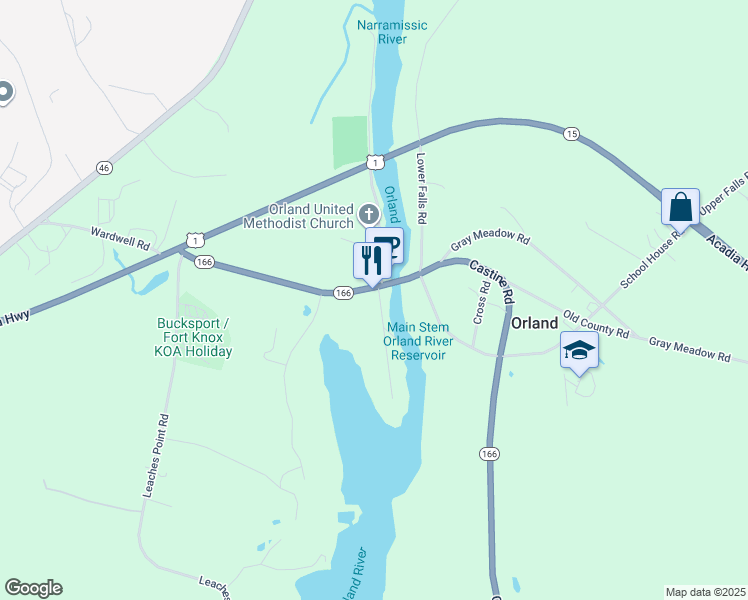 map of restaurants, bars, coffee shops, grocery stores, and more near 11 Fish Point Road in Orland