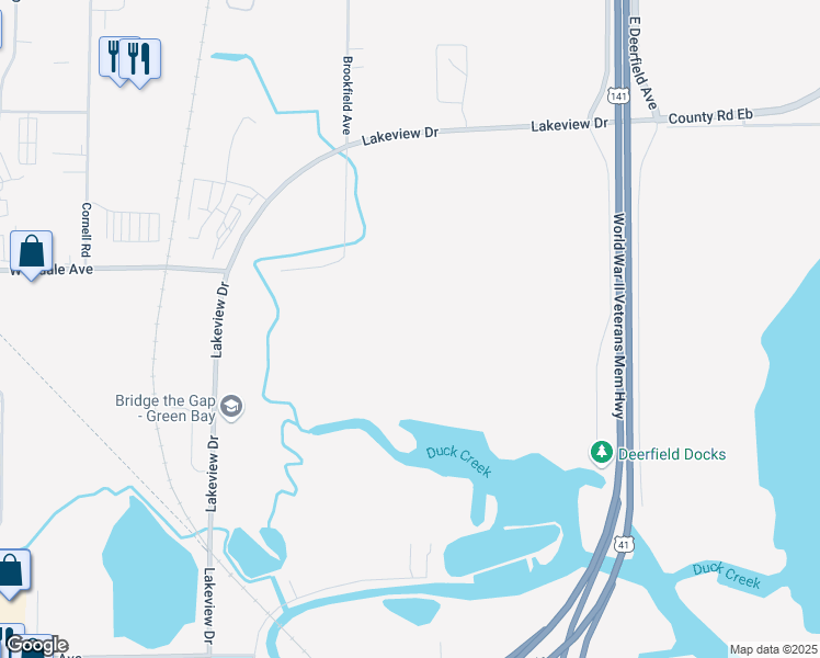 map of restaurants, bars, coffee shops, grocery stores, and more near 1200 Brookfield Avenue in Green Bay
