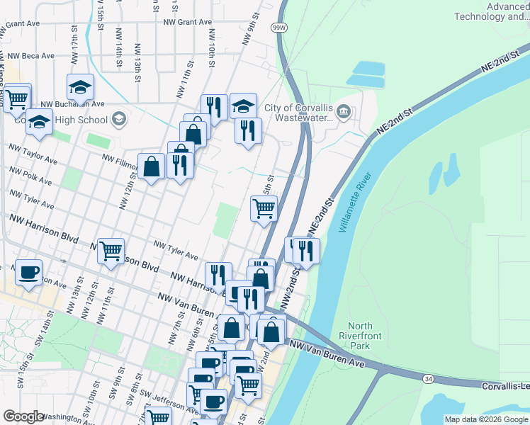 map of restaurants, bars, coffee shops, grocery stores, and more near 725 Northwest 5th Street in Corvallis