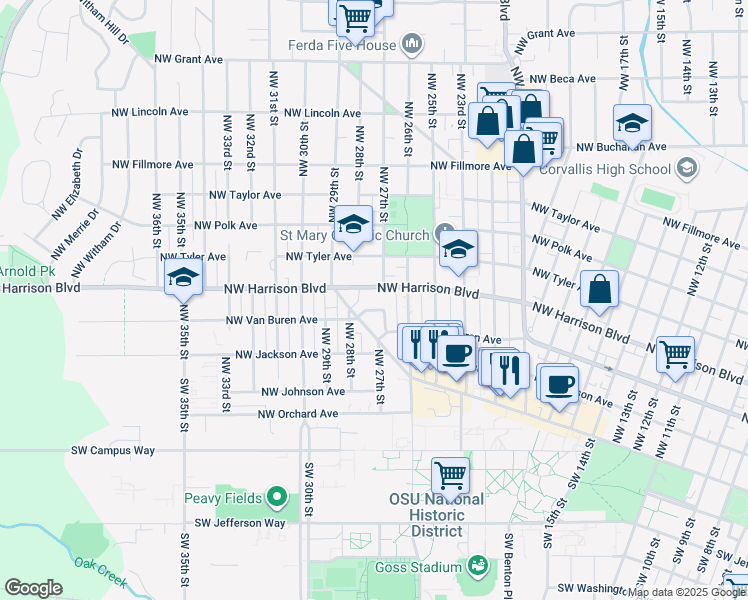 map of restaurants, bars, coffee shops, grocery stores, and more near 2745 Northwest Arnold Way in Corvallis
