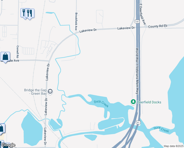 map of restaurants, bars, coffee shops, grocery stores, and more near 1200 Brookfield Avenue in Green Bay