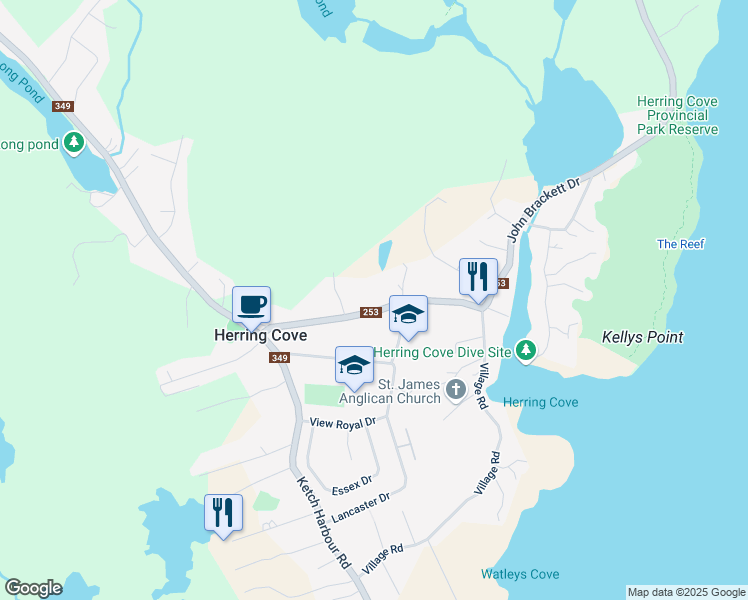 map of restaurants, bars, coffee shops, grocery stores, and more near 86 Nova Scotia 253 in Herring Cove
