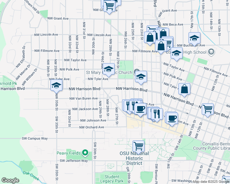 map of restaurants, bars, coffee shops, grocery stores, and more near 2750 Northwest Harrison Boulevard in Corvallis